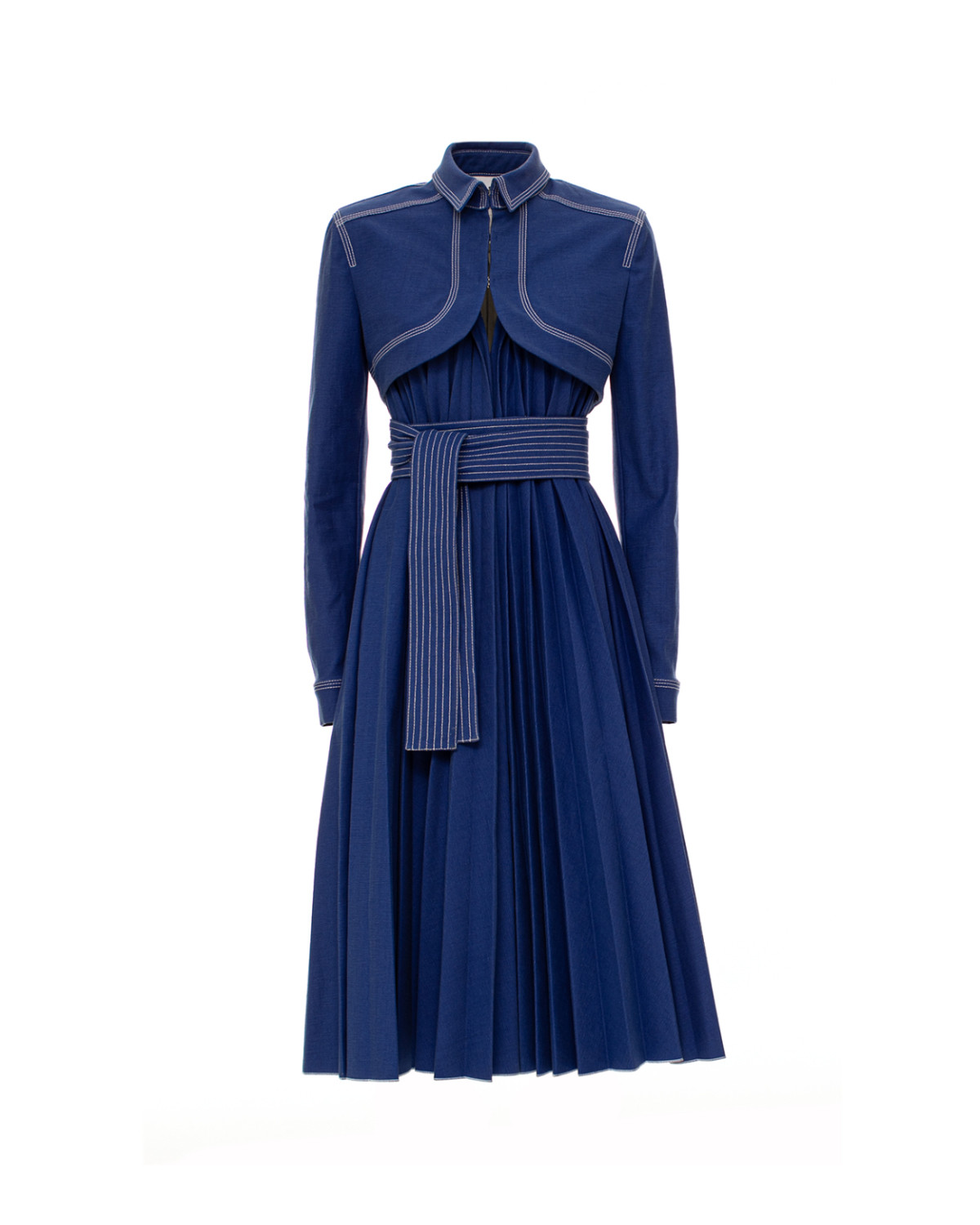 Blue pleated trench coat with belt