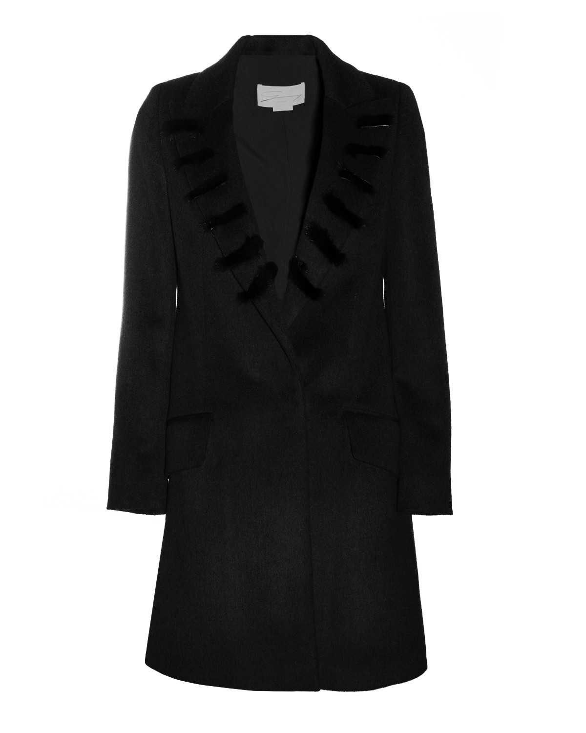 Black single-breasted wool coat with fur insert