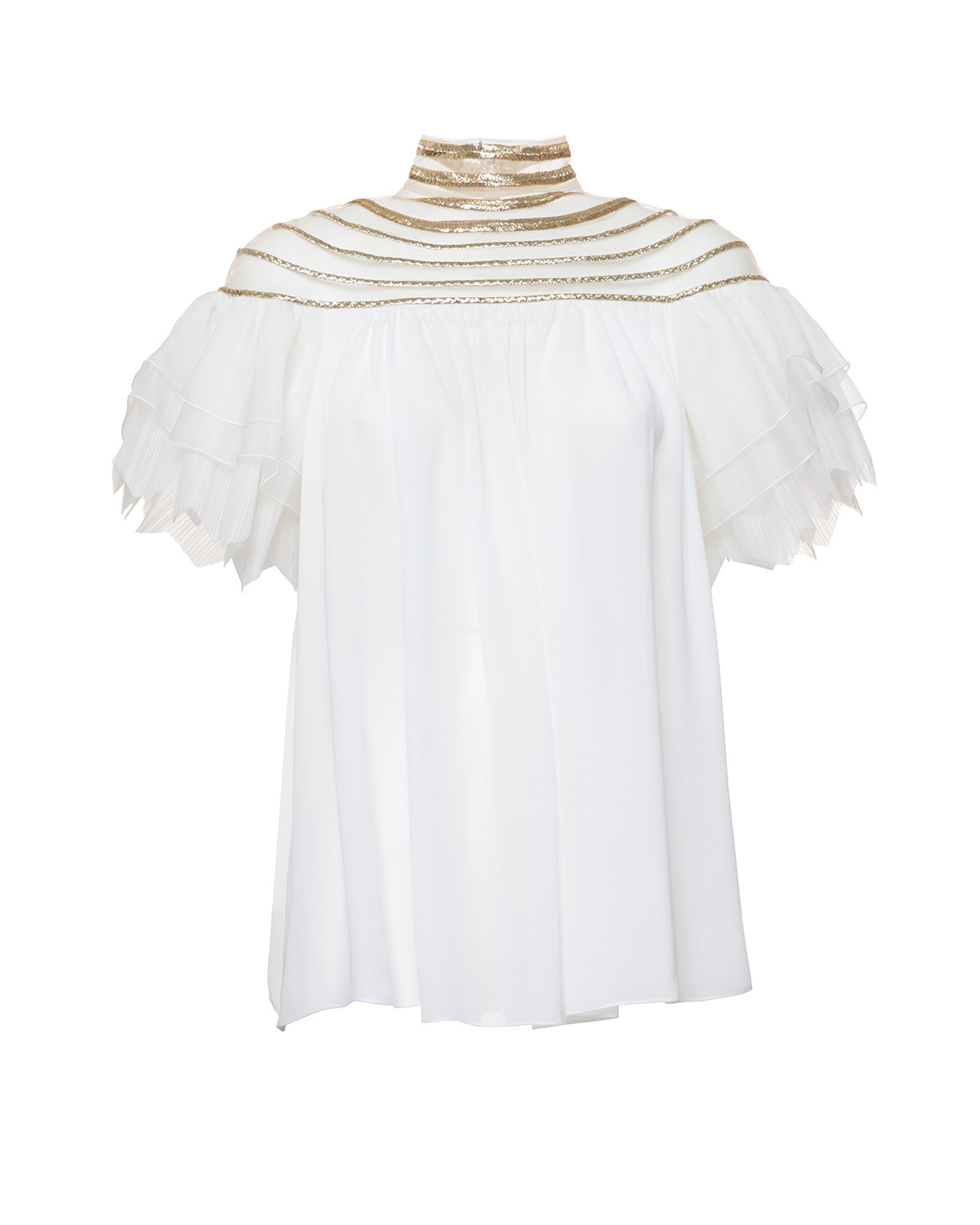 Lamé-embroidered silk blouse with ruffled sleeves