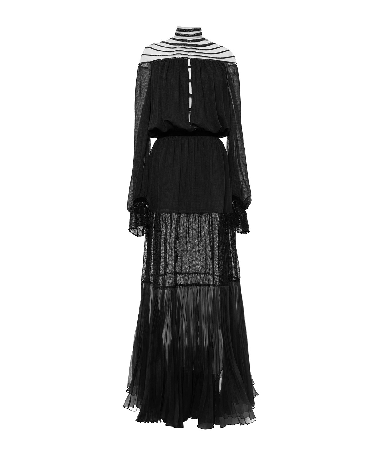 Black chiffon gown with lamé embroidery