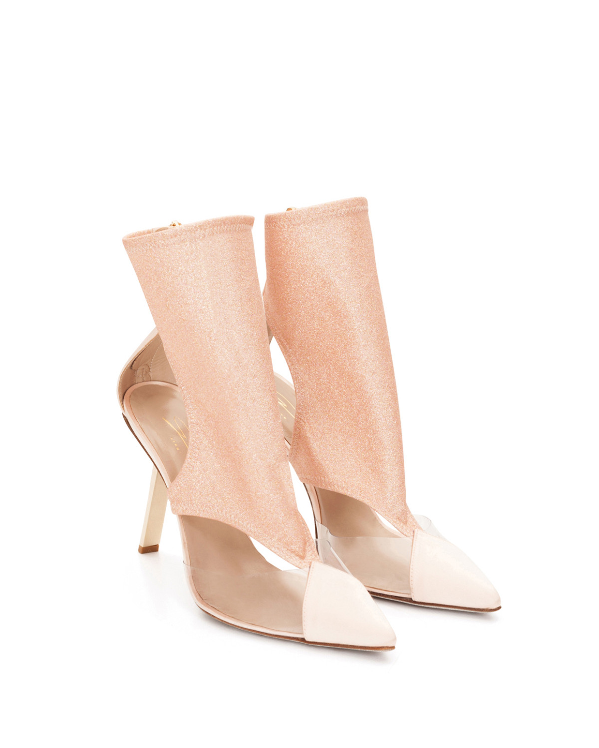 Pink open-toe ankle boots with glittering silver soles