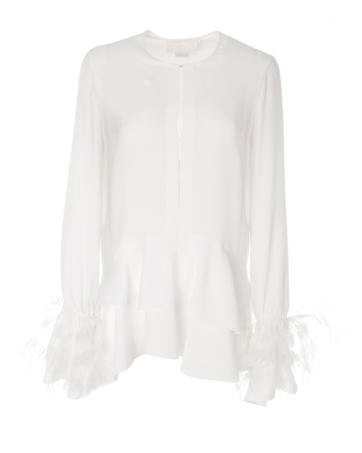 Crêpe de chine blouse with ruffle and feathers