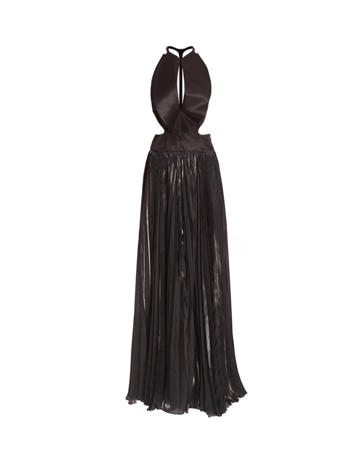 Black silk georgette gown with tuxedo details
